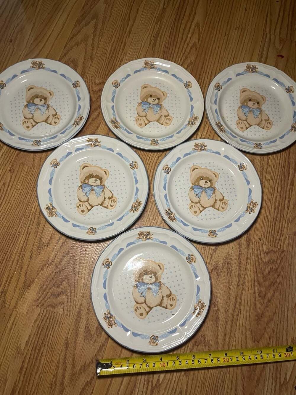 Set of 6 Tienshan Teddy Bear Blue Bow Stoneware 7.5 Inch Salad Dessert Plates